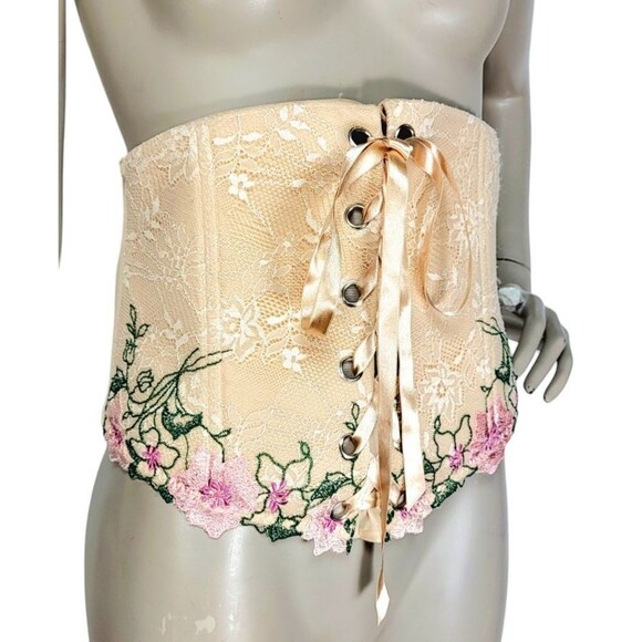 Cacique Renaissance Romantic Floral Lace Ribbon Lace-Up Waist Corset Belt 14/16